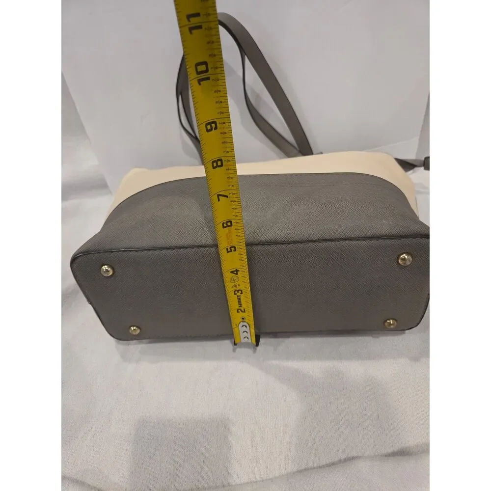Elim & Paul Cream Gray Structured Tote Bag Saffiano Faux Leather Gold Hardware